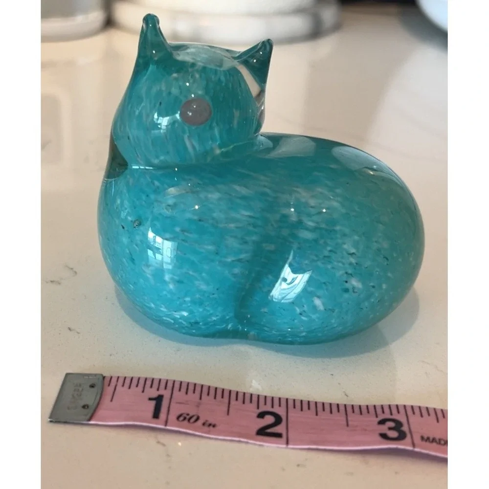 West Elm St. Jude‎ handblown teal blue glass cat figurine paperweight